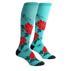 Sock It To Me Floral Patterned Knee-High Socks With Peonys And Dragonfly